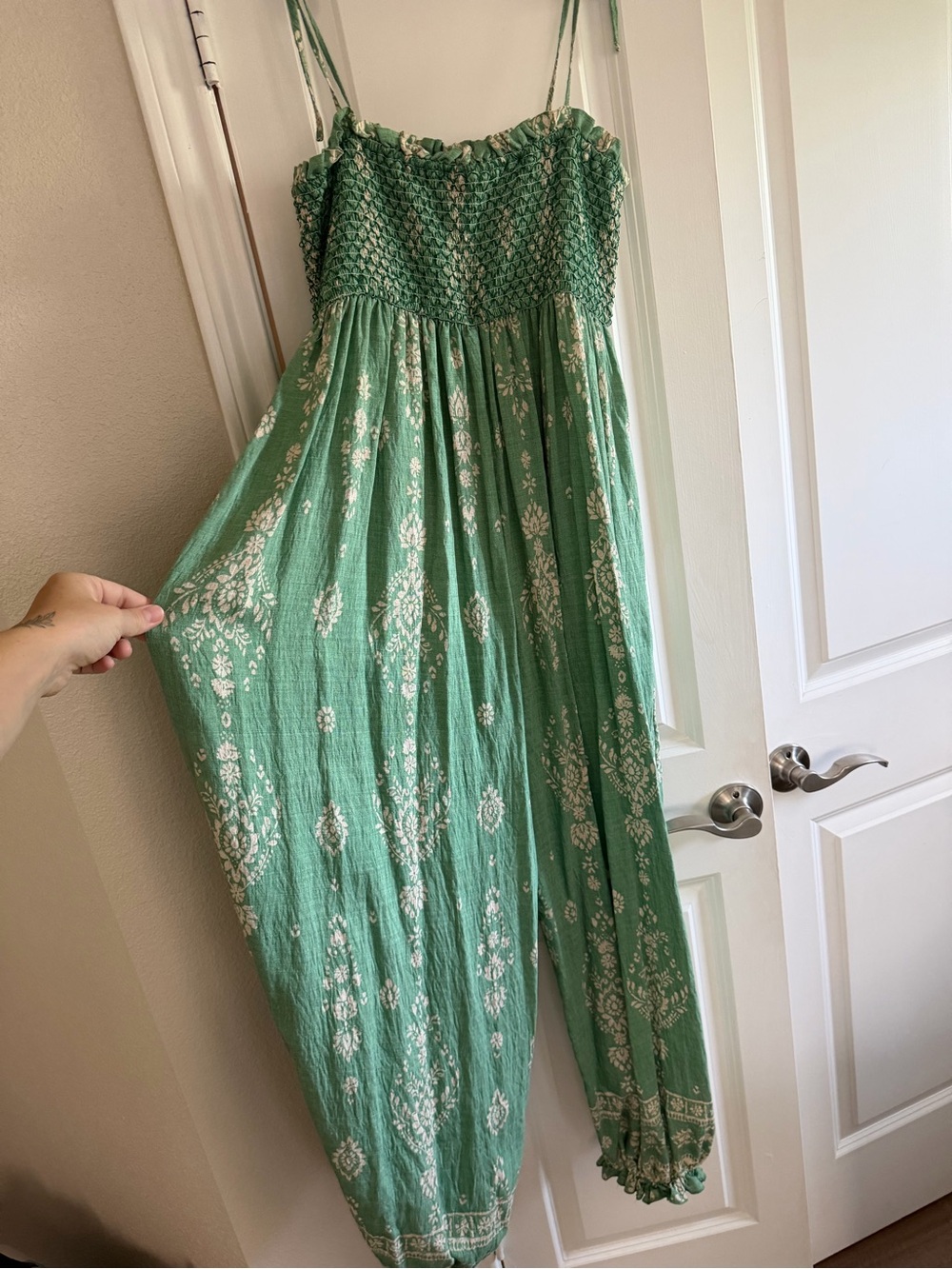 Green Smocked Strap Jumpsuit with White Print